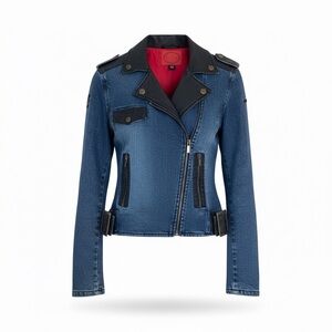 Exquisite Blue Women's Denim and Black suede Jacket. Matching pants listed.